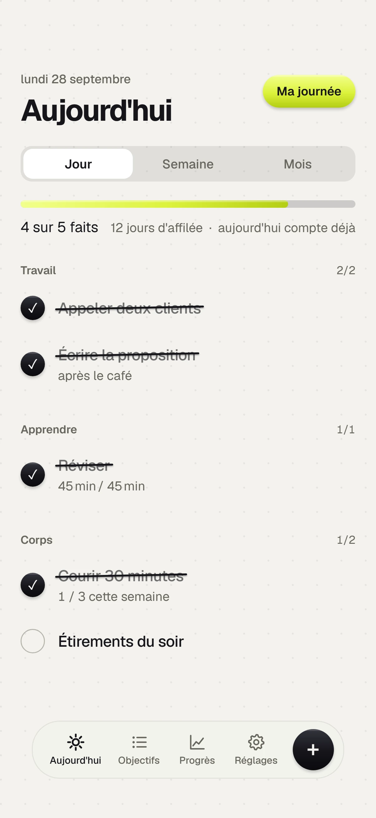 L’écran Aujourd’hui de KARNET, avec des objectifs d’exemple rangés par domaine : Travail, Apprendre, Corps.